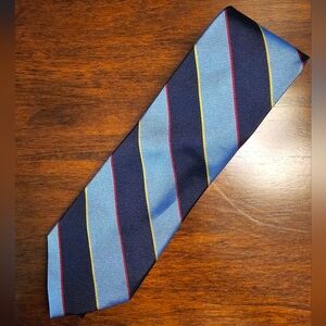 Brooks Brothers Navy and Light Blue Striped Silk Tie with Yellow and Red Accents